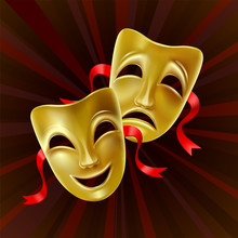 Theater Masks On A Red Background. Golden Masks. Mesh. Clipping Mask