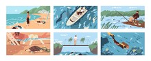 Collection Of Scenes With Garbage And Plastic Debris Floating In Sea, Ocean, Lake Or River Or Scattered Along Beach. Polluted Water. Problem Of Marine Pollution. Flat Cartoon Vector Illustration.