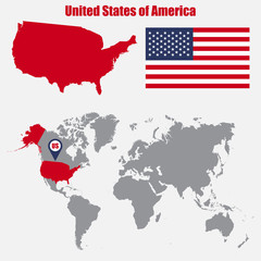 Poster - USA map on a world map with flag and map pointer. Vector illustration