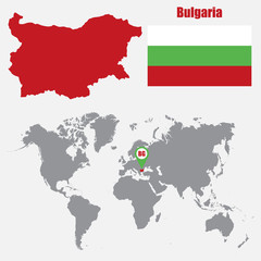Poster - Bulgaria map on a world map with flag and map pointer. Vector illustration