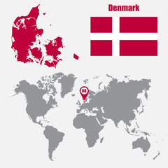 Poster - Denmark map on a world map with flag and map pointer. Vector illustration