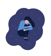 Miserable lonely young woman sitting on floor. Depressed, unhappy or upset girl. Female character in trouble, depression, sorrow, sadness. Mental disorder or illness. Flat cartoon vector illustration.