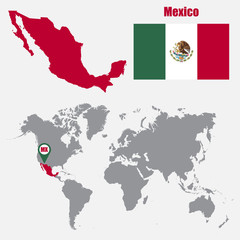 Poster - Mexico map on a world map with flag and map pointer. Vector illustration