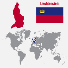 Poster - Liechtenstein map on a world map with flag and map pointer. Vector illustration