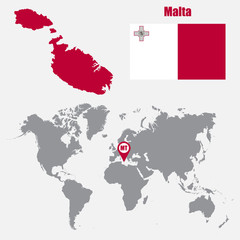 Poster - Malta map on a world map with flag and map pointer. Vector illustration