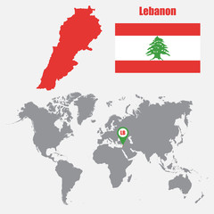 Poster - Lebanon map on a world map with flag and map pointer. Vector illustration