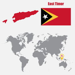 Aufkleber - East Timor map on a world map with flag and map pointer. Vector illustration