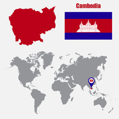 Aufkleber - Cambodia map on a world map with flag and map pointer. Vector illustration