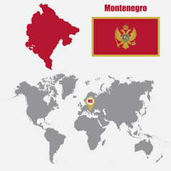 Poster - Montenegro map on a world map with flag and map pointer. Vector illustration