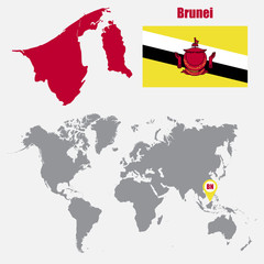 Aufkleber - Brunei map on a world map with flag and map pointer. Vector illustration