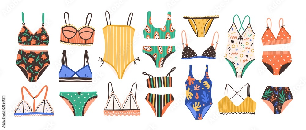 Collection of stylish women's lingerie and swimwear isolated on white background. Set of fashionable underwear and swimsuits or bikini tops and bottoms. Flat cartoon colorful vector illustration. - obrazy, fototapety, plakaty 