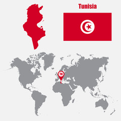 Poster - Tunisia map on a world map with flag and map pointer. Vector illustration