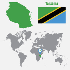 Poster - Tanzania map on a world map with flag and map pointer. Vector illustration