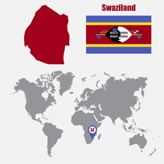 Poster - Swaziland map on a world map with flag and map pointer. Vector illustration
