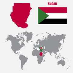 Poster - Sudan map on a world map with flag and map pointer. Vector illustration