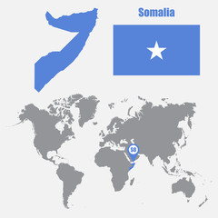 Poster - Somalia map on a world map with flag and map pointer. Vector illustration
