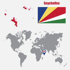Poster - Seychelles map on a world map with flag and map pointer. Vector illustration