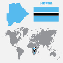 Poster - Botswana map on a world map with flag and map pointer. Vector illustration
