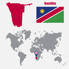 Poster - Namibia map on a world map with flag and map pointer. Vector illustration