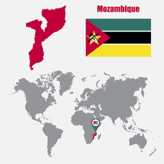 Poster - Mozambique map on a world map with flag and map pointer. Vector illustration