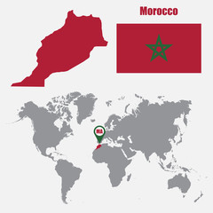 Poster - Morocco map on a world map with flag and map pointer. Vector illustration
