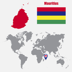 Fototapete - Mauritius map on a world map with flag and map pointer. Vector illustration