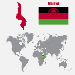 Poster - Malawi map on a world map with flag and map pointer. Vector illustration