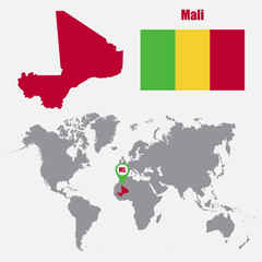 Poster - Mali map on a world map with flag and map pointer. Vector illustration