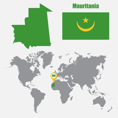 Poster - Mauritania map on a world map with flag and map pointer. Vector illustration