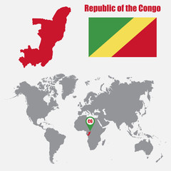 Leinwandbilder - Republic of the Congo map on a world map with flag and map pointer. Vector illustration