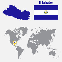 Poster - El Salvador map on a world map with flag and map pointer. Vector illustration