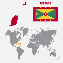 Poster - Grenada map on a world map with flag and map pointer. Vector illustration