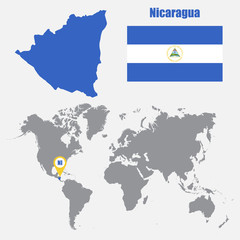 Poster - Nicaragua map on a world map with flag and map pointer. Vector illustration