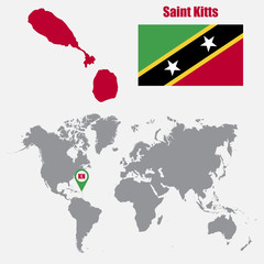 Poster - Saint Kitts map on a world map with flag and map pointer. Vector illustration
