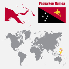 Poster - Papua New Guinea map on a world map with flag and map pointer. Vector illustration