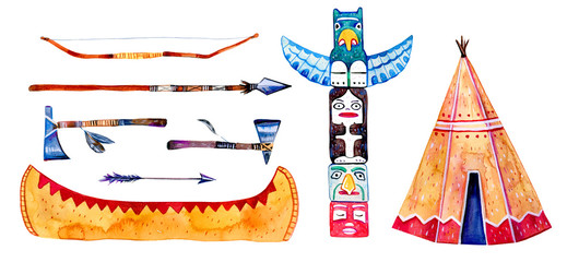 Native American indians traditional settlement objects. Wigwam, totem pole, canoe, weapons. Hand drawn watercolor illustration set