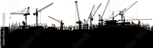 Fotografía panorama with black buildings and ten cranes on white
