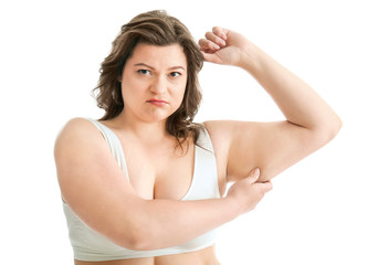 Sticker - Sad plus size woman in underwear on white background. Concept of weight loss