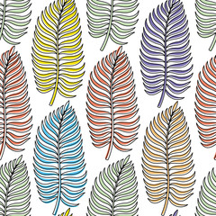 Sticker - Seamless pattern with colored palm leaves on a white background.