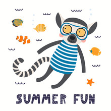 Hand Drawn Vector Illustration Of A Cute Lemur In Summer Snorkeling, With Lettering Quote Summer Fun. Isolated Objects On White Background. Scandinavian Style Flat Design. Concept For Children Print.