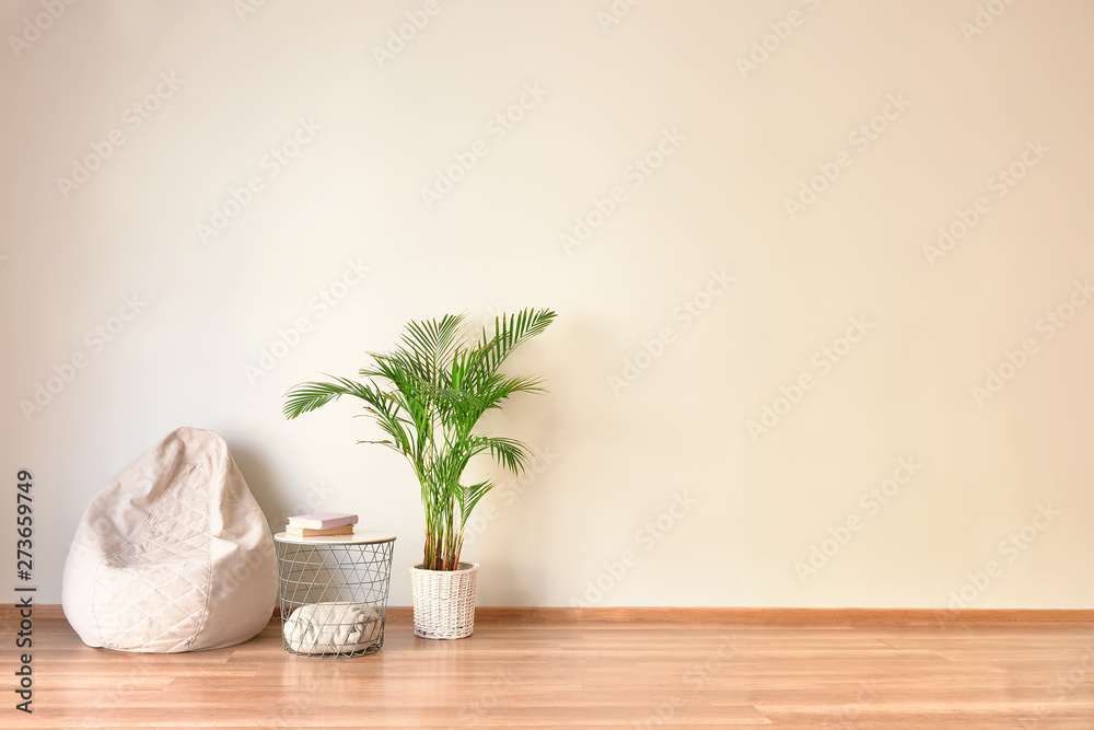 Modern beanbag, table and houseplant near light wall