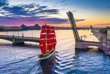 Saint Petersburg. White Nights. Cities Of Russia. Panorama From The Drone Of The City Of St. Petersburg. Scarlet Sails. White Nights In St. Petersburg. Divorced Bridges. Sailboat With Scarlet Sails.