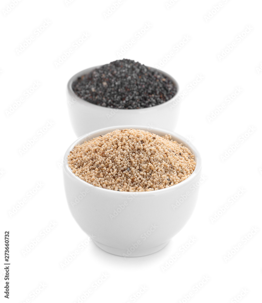 Bowls with different poppy seeds on white background