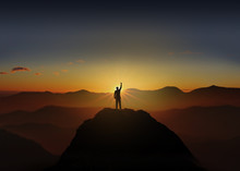 Silhouette Of Business Man Celebration Success Happiness On A Mountain Top Sunset. Success Concept.