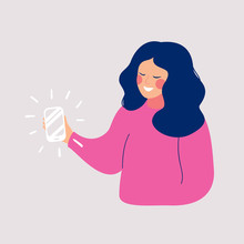 Young Smiling Woman Taking Selfie Photo On Smartphone.  Vector Cartoon Illustration Of Phone Conversation