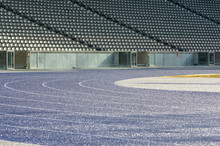 Curve With Wet Blue Tartan Running Track In Olympic Stadium Berlin