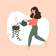 Young Girl Watering Potted Hanging Plant. Concept Of Irrigation And Care Of Home Flowers. Vector