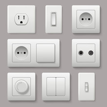 Wall Switch. Power Electrical Socket Electricity Turn Of And On Plug Vector Realistic Pictures. Electrical Plug Electric, Power Electricity Sockets Illustration