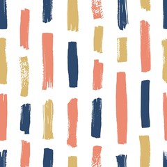 Poster - Creative seamless pattern with pink, blue and yellow vertical paint traces on white background. Abstract backdrop with brushstrokes. Hand painted vector illustration in grunge style for wallpaper.