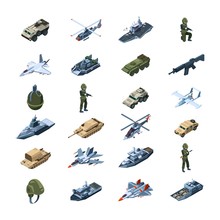 Military Transport. Army Gadget Armor Uniform Weapons Guns Tanks Grenades Security Tools Vector Isometric. Military Isometric Army Warfare, Vehicle Tank Power Illustration